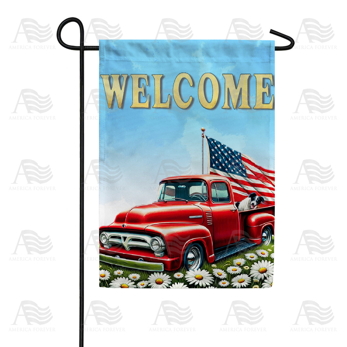 America Forever Patriotic Red Truck Welcome Garden Flag