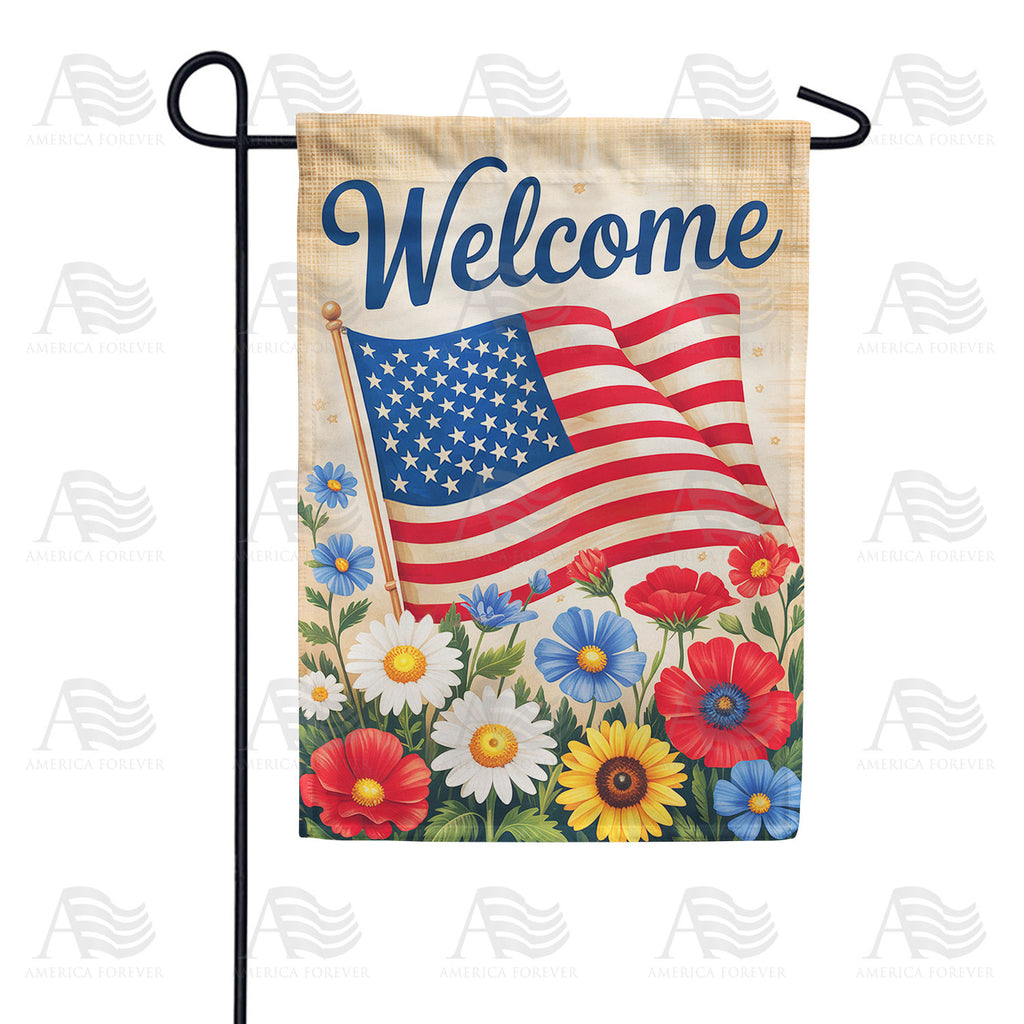 Welcome American Flag Floral Double Sided Garden Flag