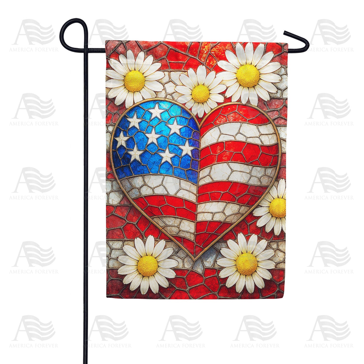 Patriotic Heart Mosaic Daisies Double Sided Garden Flag