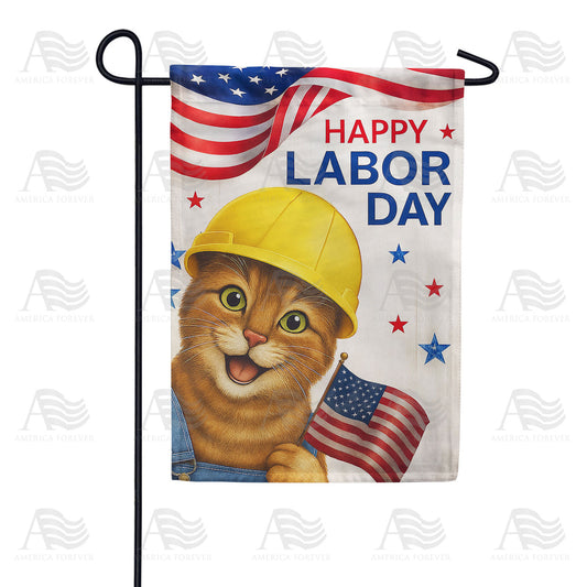 Happy Labor Day Worker Cat Double Sided Garden Flag