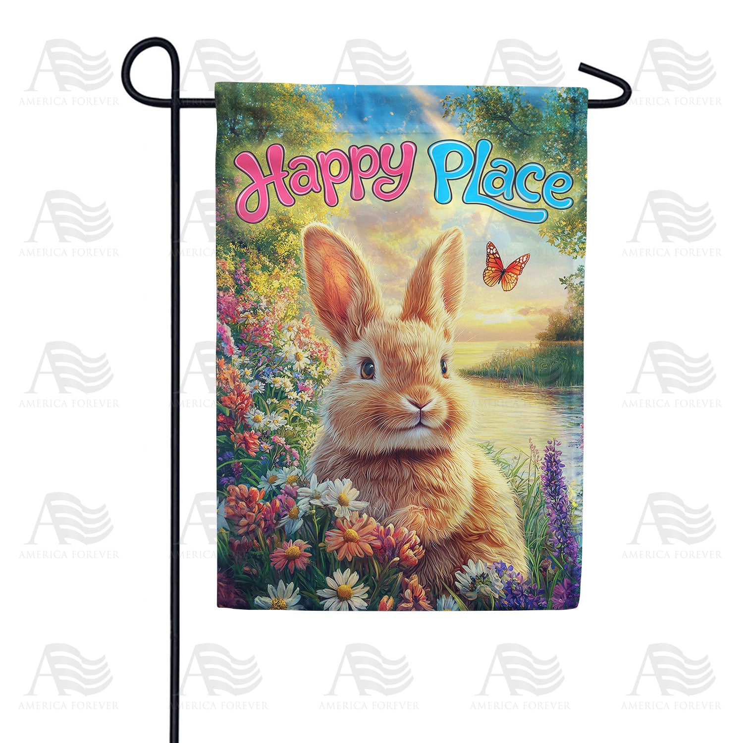 America Forever Happy Place Bunny Garden Flag