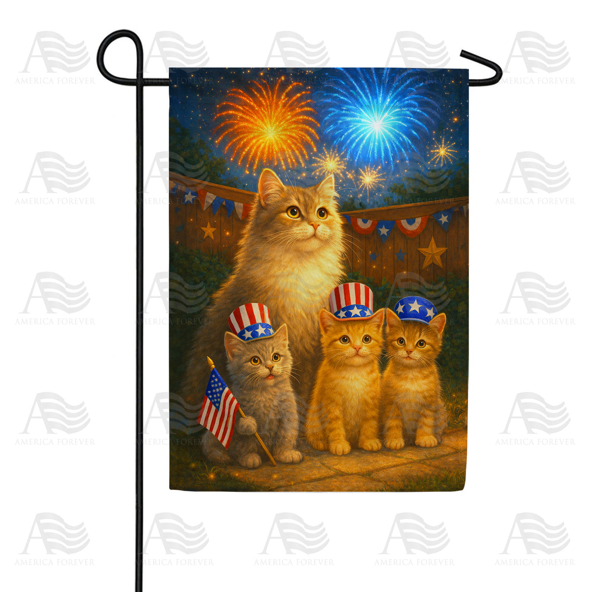 Patriotic Cats Fourth of July Fireworks Double Sided Garden Flag - 12.5" x 18"