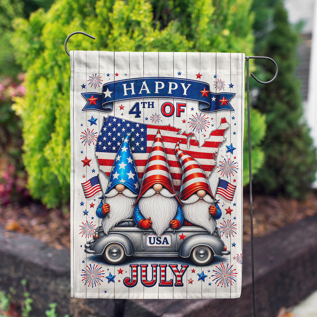 Patriotic Gnomes Happy 4th of July USA Garden Flag