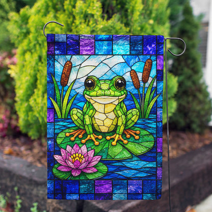 Stained Glass Frog on Lily Pad Garden Flag