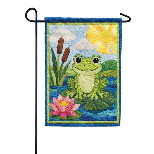 Cheerful Frog on Lily Pad Pond Scene Garden Flag