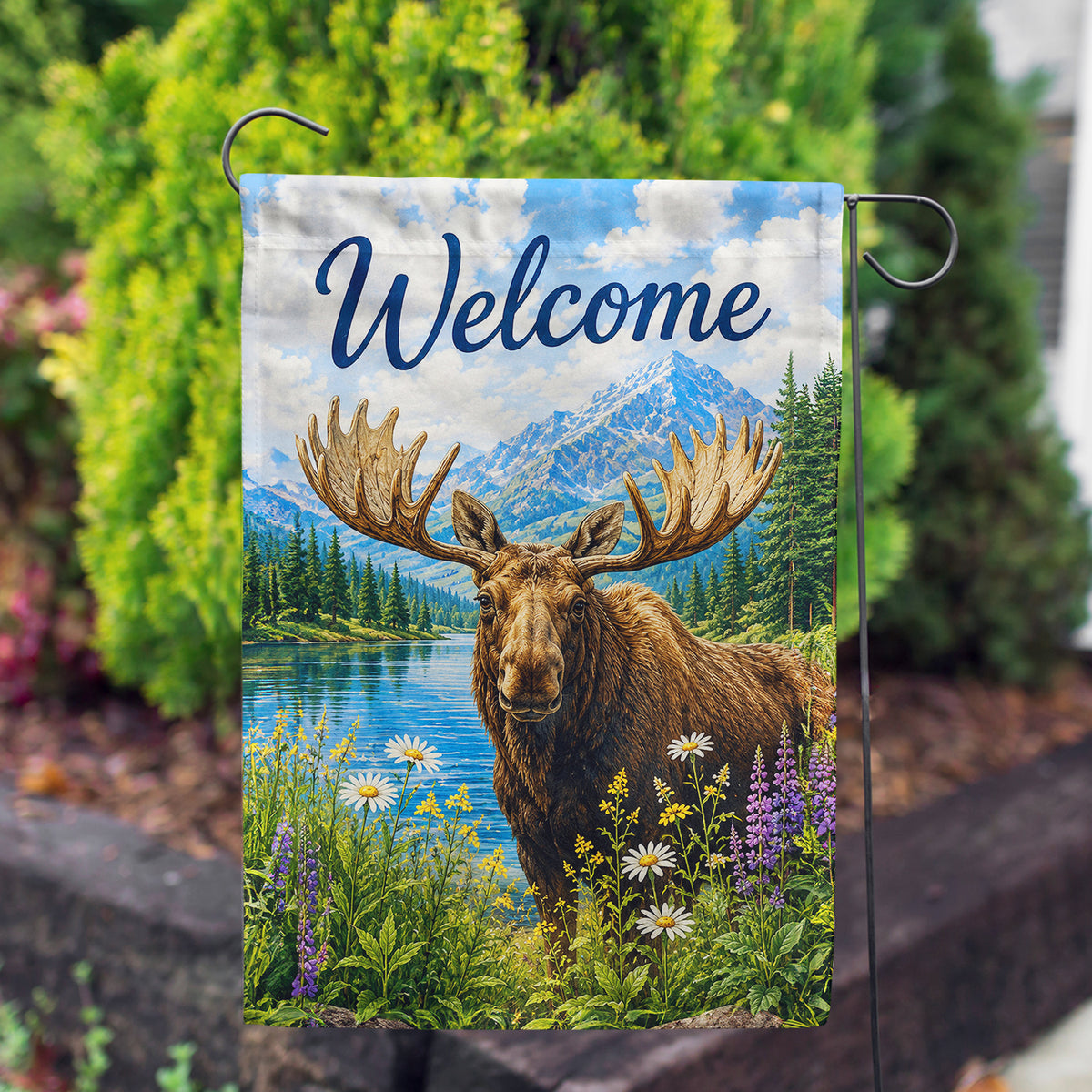 Welcome Moose Mountain Lake Wilderness Scene Garden Flag