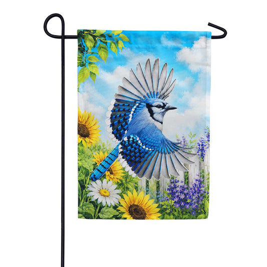 America Forever Blue Jay in Flight with Sunflowers Garden Flag