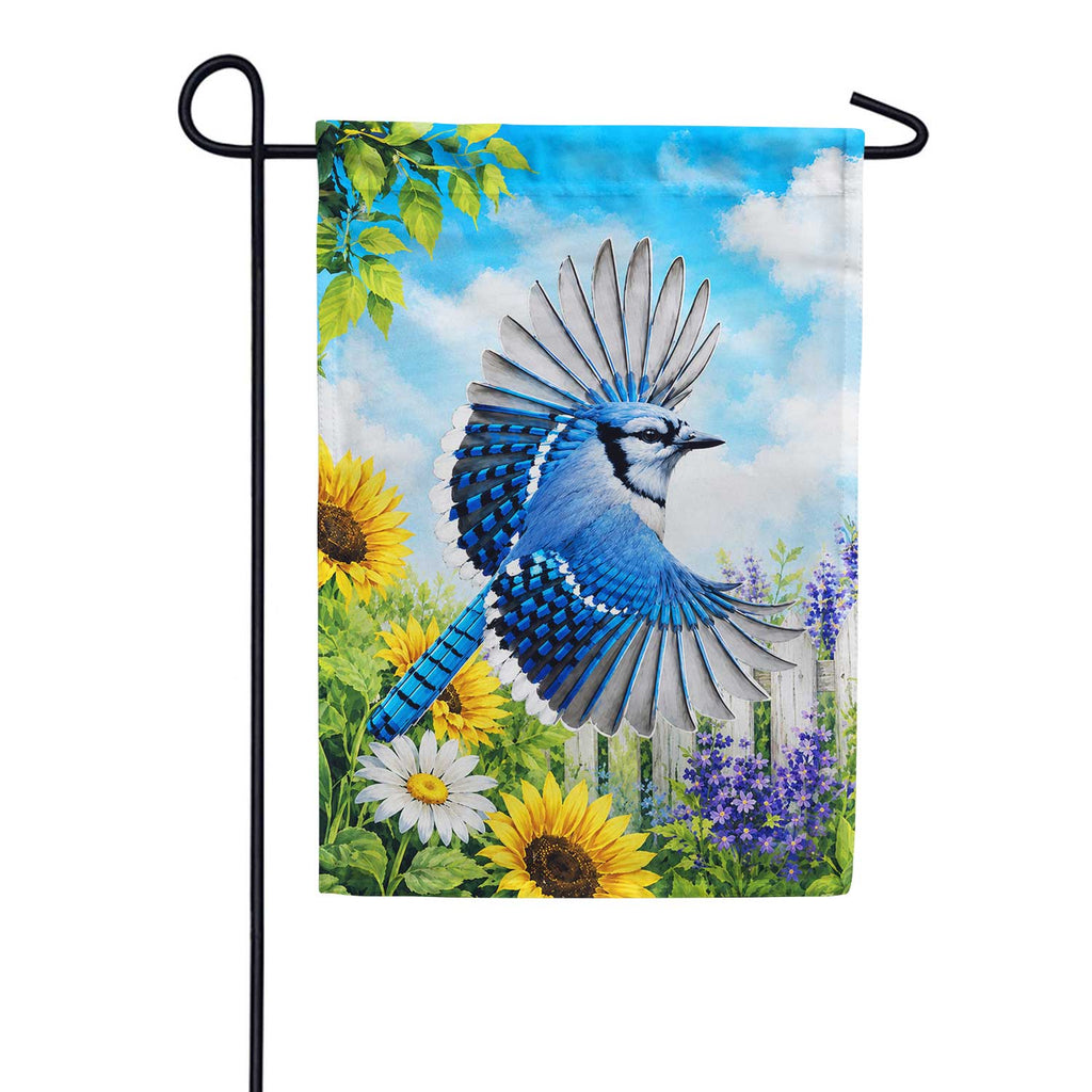 America Forever Blue Jay in Flight with Sunflowers Garden Flag
