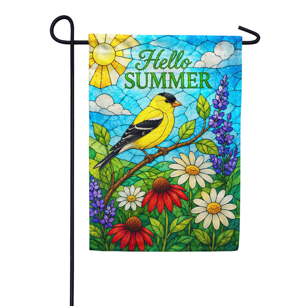 America Forever Hello Summer Goldfinch Stained Glass Floral Garden Flag