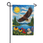 America Forever Quilted Bald Eagle Soaring Over Mountain Lake Garden Flag