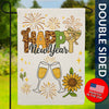 Happy New Year Sunflower Champagne Celebration Burlap Garden Flag