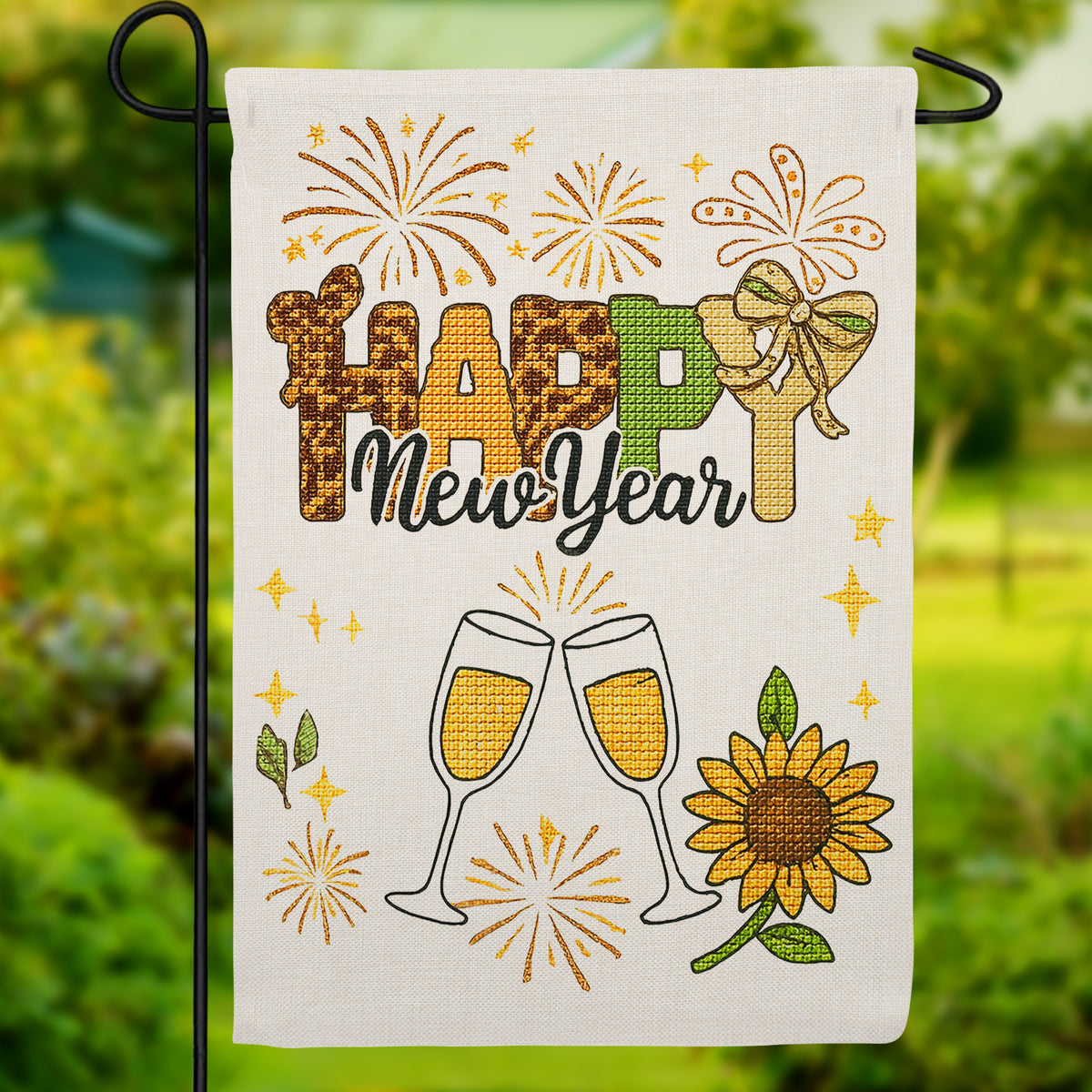 Happy New Year Sunflower Champagne Celebration Burlap Garden Flag