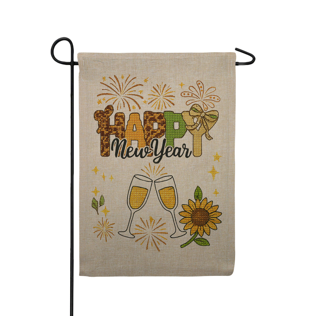 Happy New Year Sunflower Champagne Celebration Burlap Garden Flag