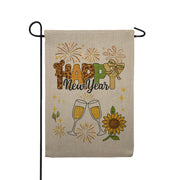 Happy New Year Sunflower Champagne Celebration Burlap Garden Flag