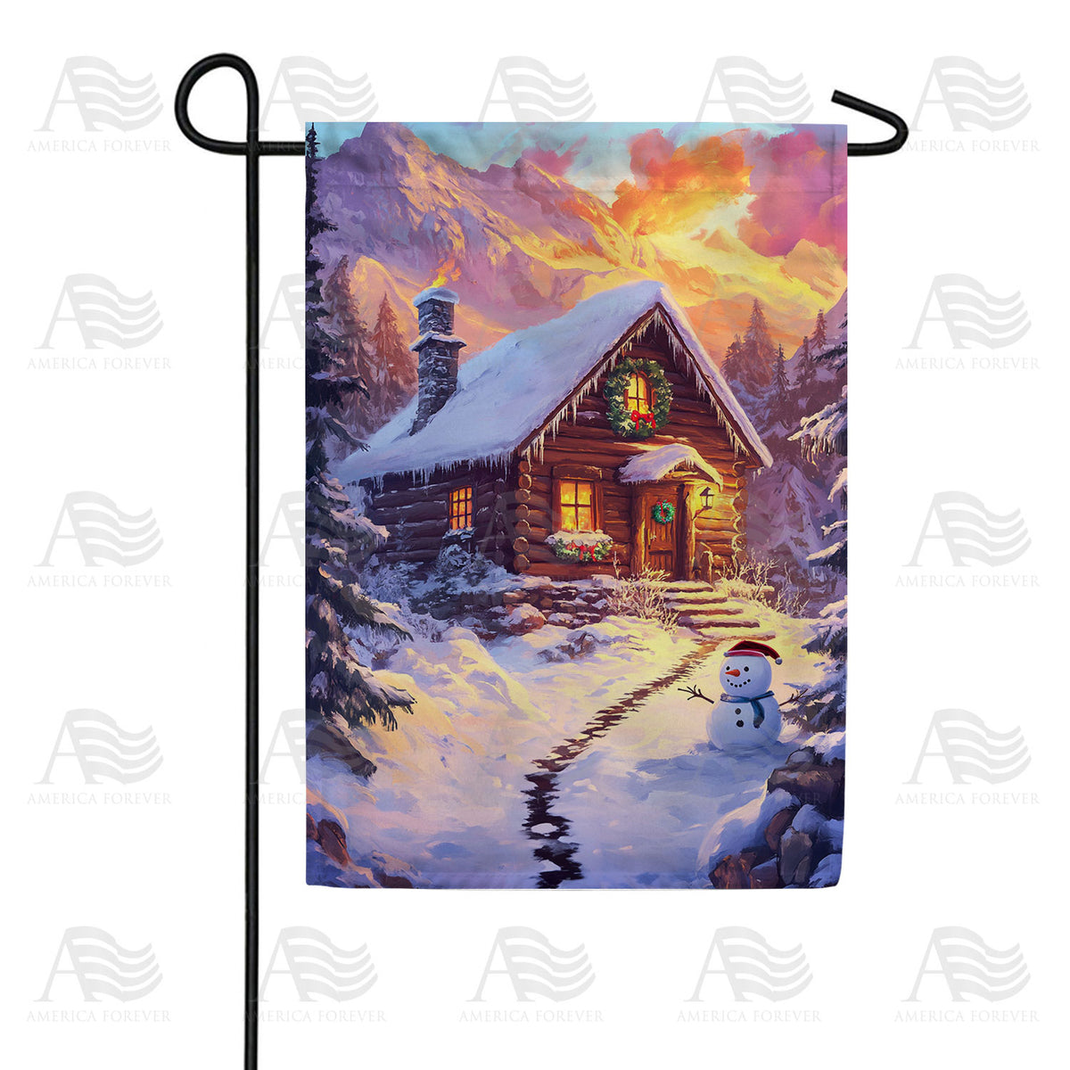 America Forever Winter Cabin with Snowman Garden Flag