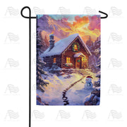 Winter Cabin with Snowman Garden Flag