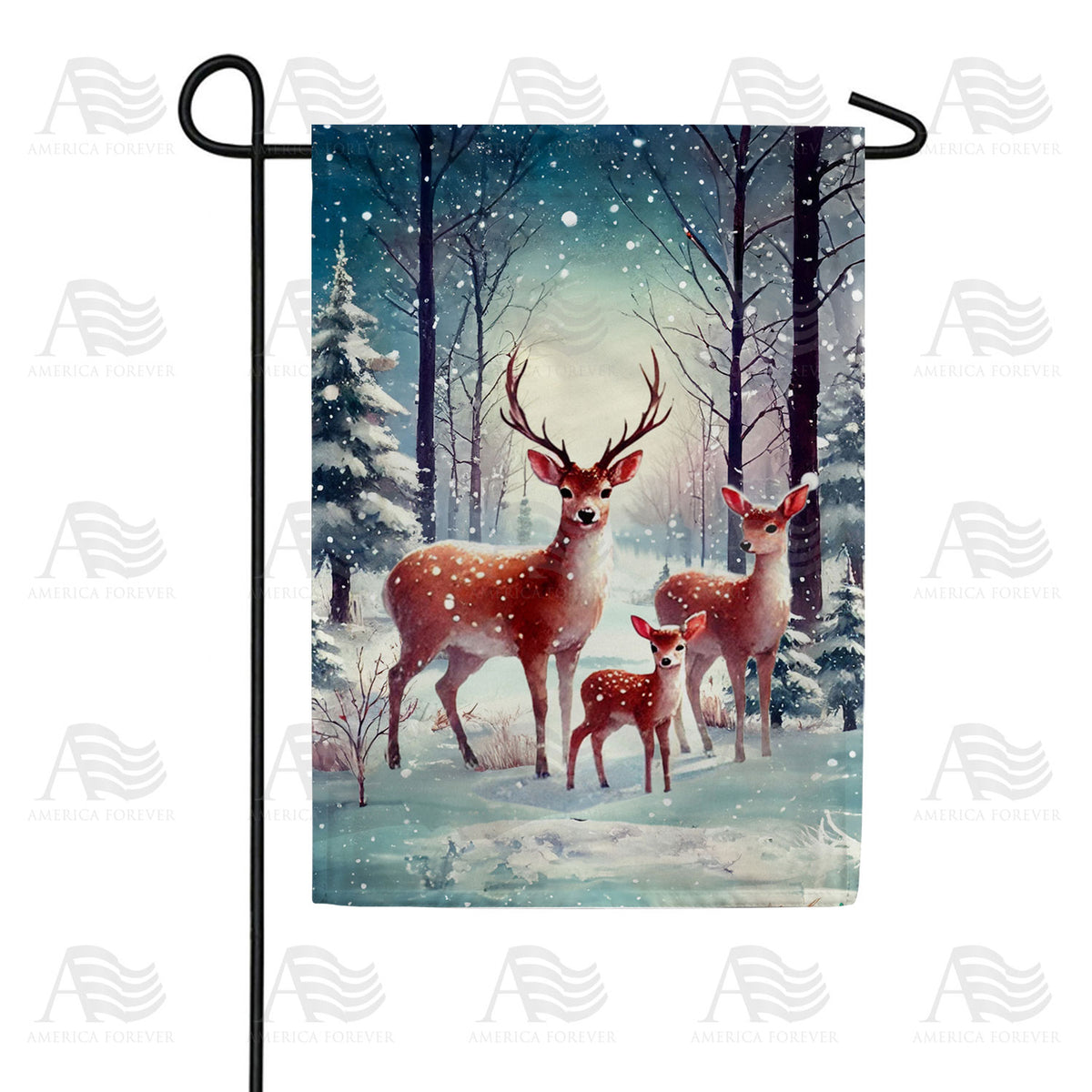 America Forever Deer Family Winter Forest Scene Garden Flag