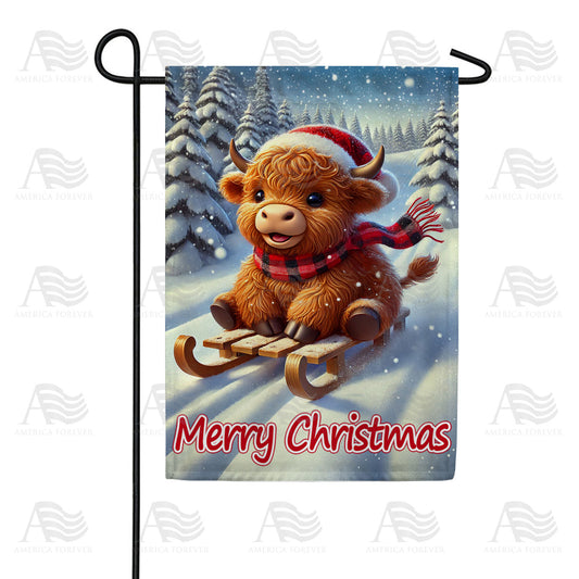 America Forever Christmas Highland Cow on Sled Garden Flag