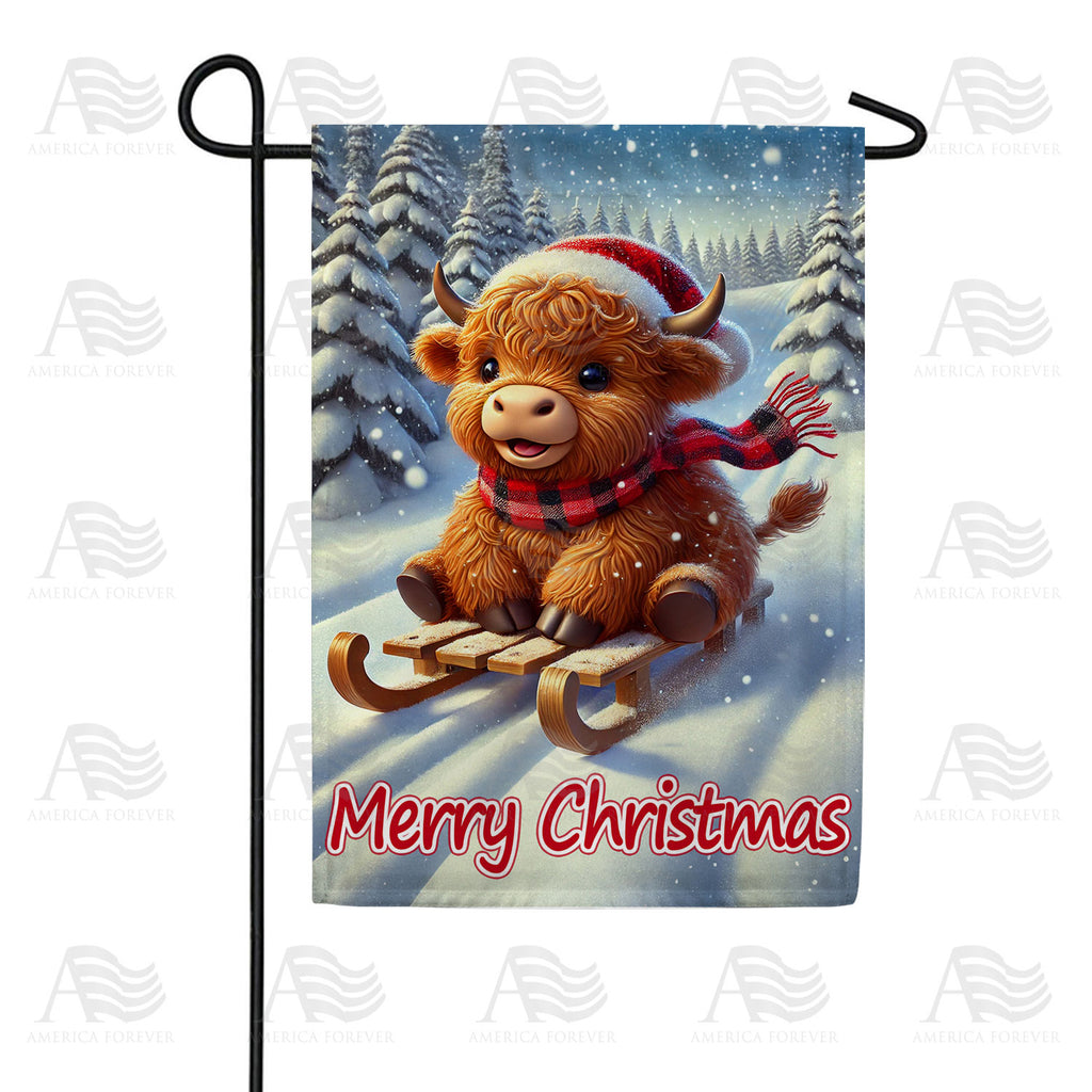 America Forever Christmas Highland Cow on Sled Garden Flag