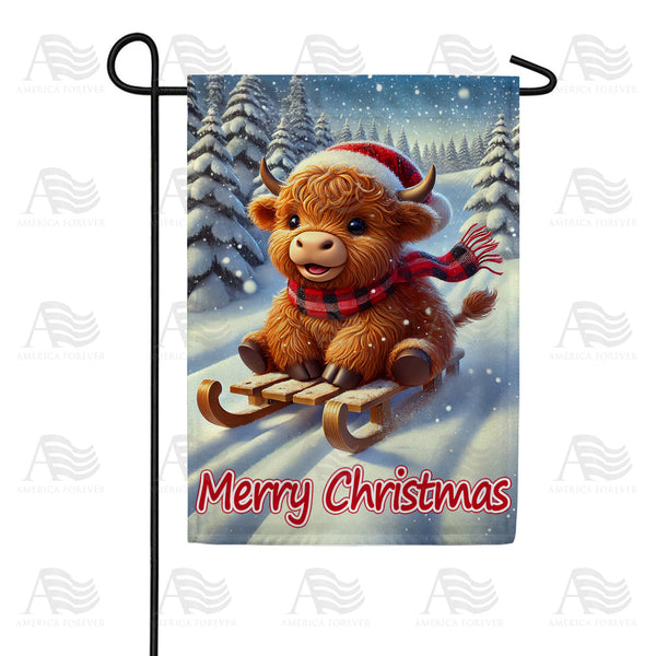 America Forever Christmas Highland Cow on Sled Garden Flag
