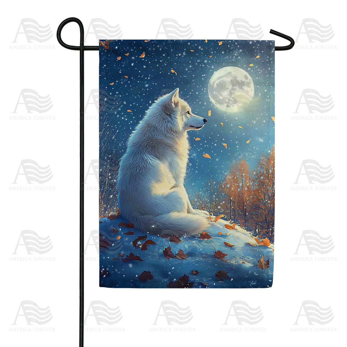 America Forever Peaceful Wolf Moonlight Autumn Garden Flag