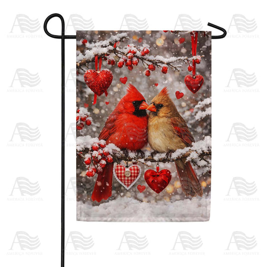 Winter Cardinals Love Hearts Garden Flag