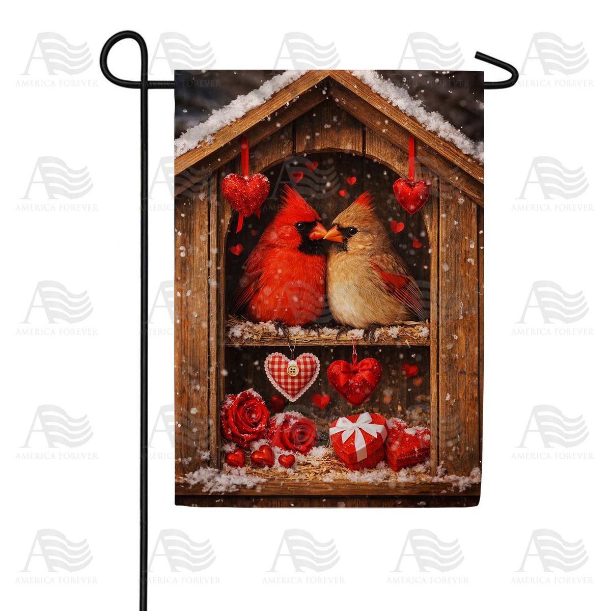 Cardinals Valentine Birdhouse Garden Flag