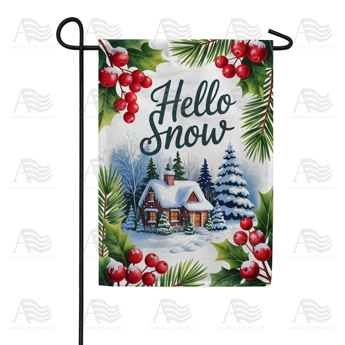 Hello Snow Winter Cottage Holly Berries Double Sided Garden Flag - 12.5" x 18"