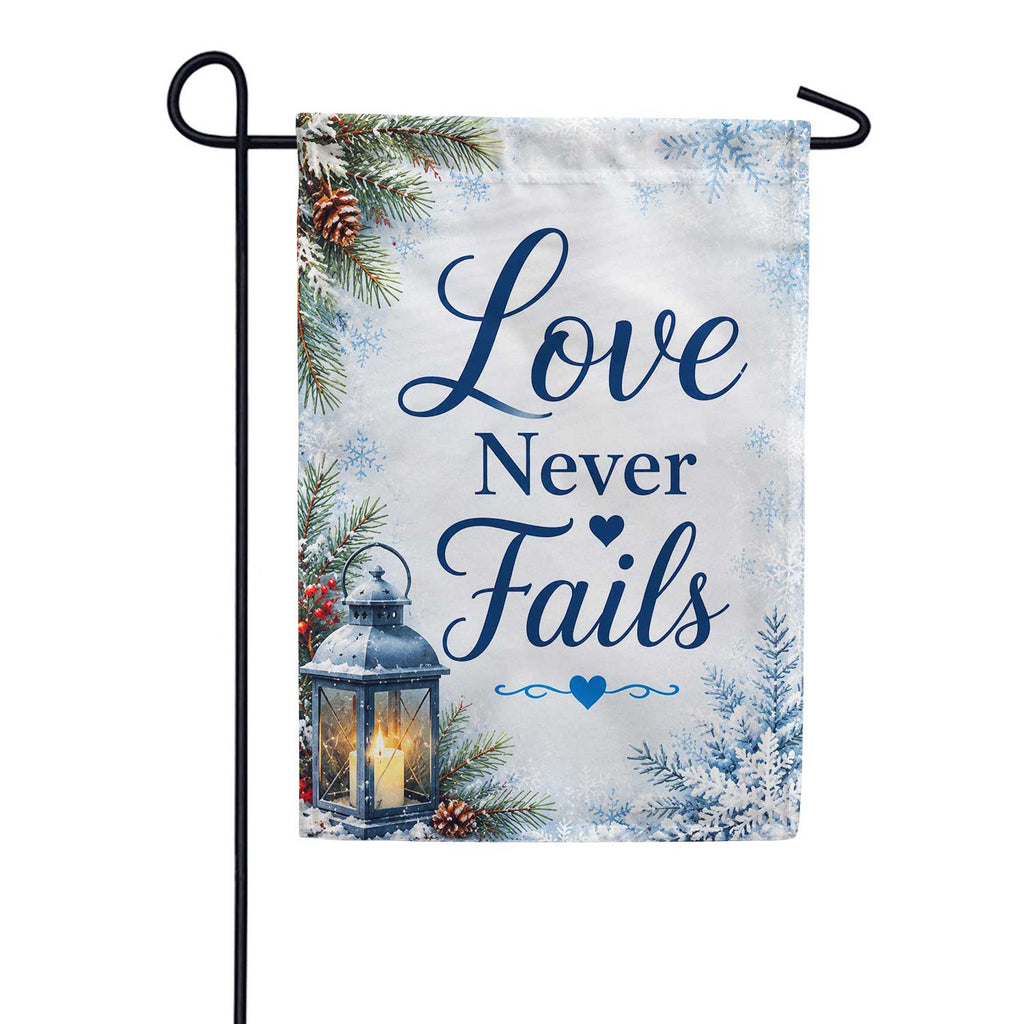 America Forever Love Never Fails Winter Lantern Snowflakes Garden Flag