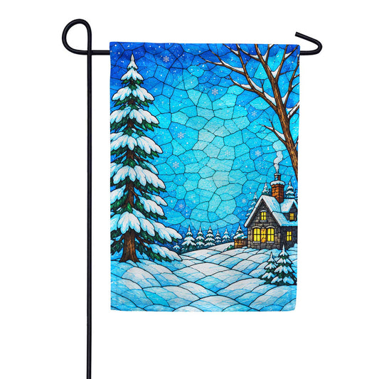 America Forever Stained Glass Winter Cabin Snow Garden Flag