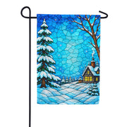 America Forever Stained Glass Winter Cabin Snow Garden Flag