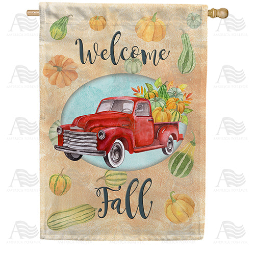 America Forever Welcome Fall Red Truck House Flag
