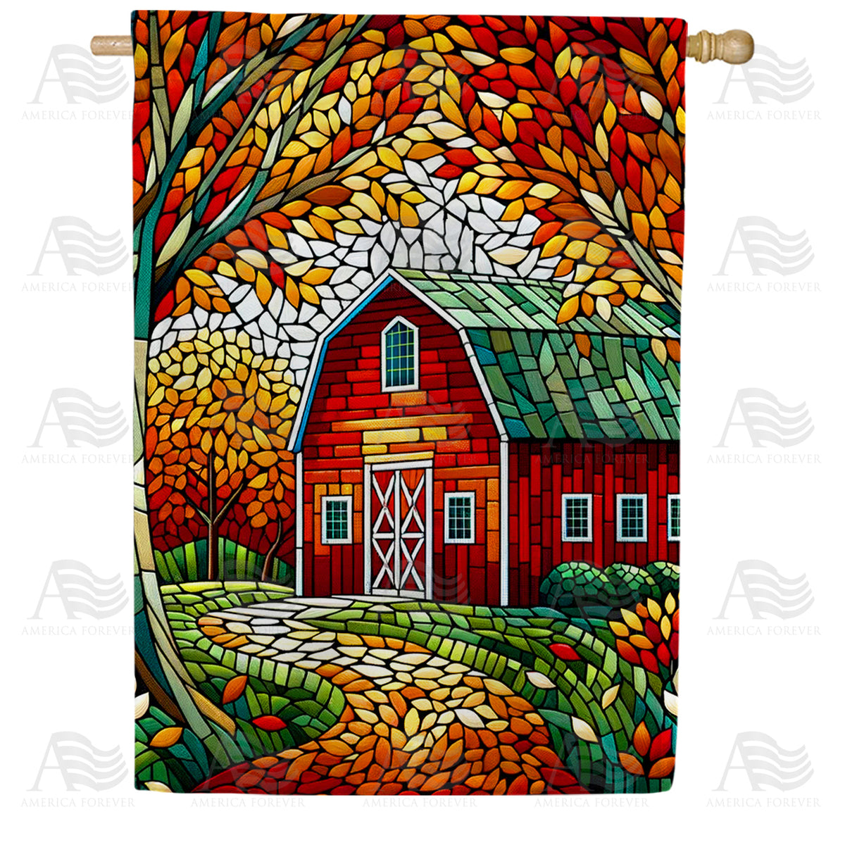 America Forever Autumn Barn Mosaic House Flag