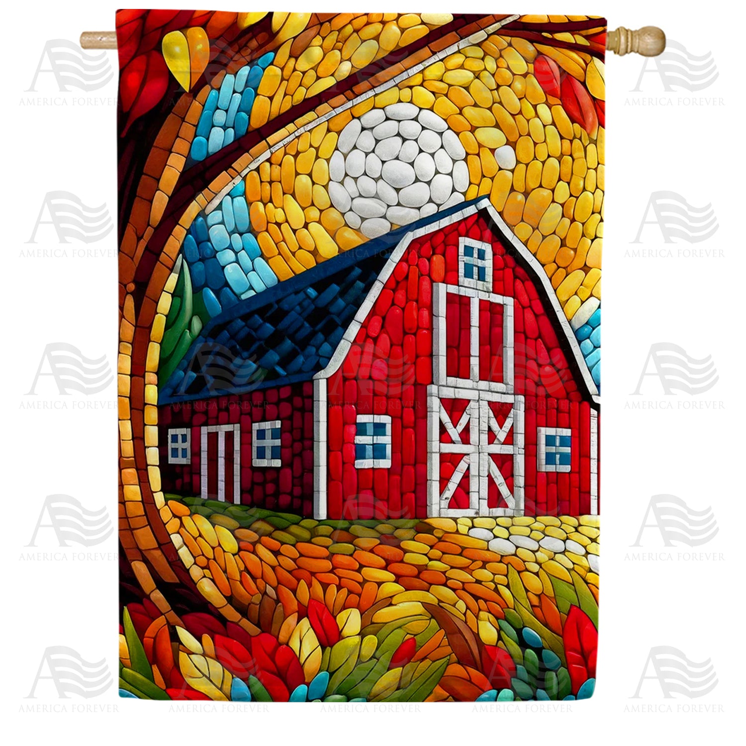 America Forever Fall Barn Mosaic House Flag