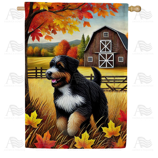 America Forever Autumn Dog and Barn House Flag