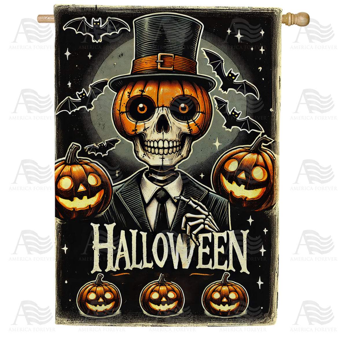 America Forever Pumpkin Skeleton Halloween House Flag