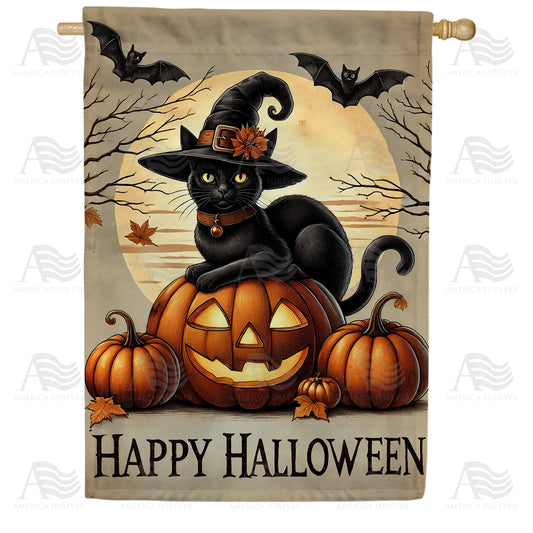 America Forever Happy Halloween Witch Cat House Flag