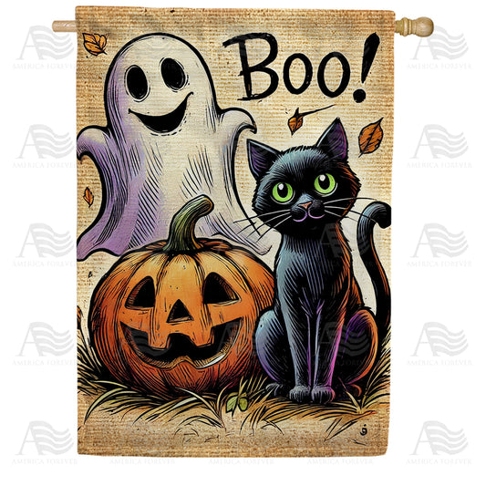 America Forever Boo Black Cat and Ghost Halloween House Flag