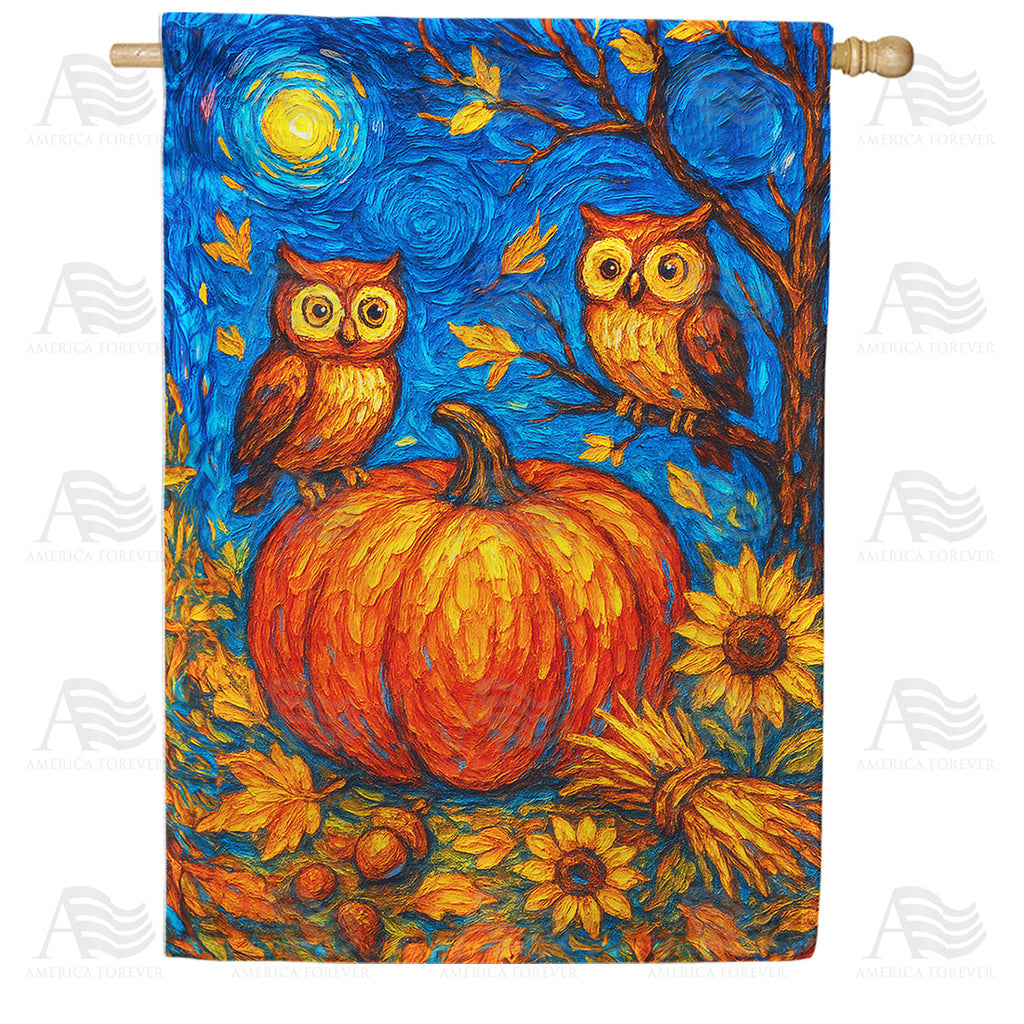 Starry Night Owls Pumpkin Double Sided House Flag