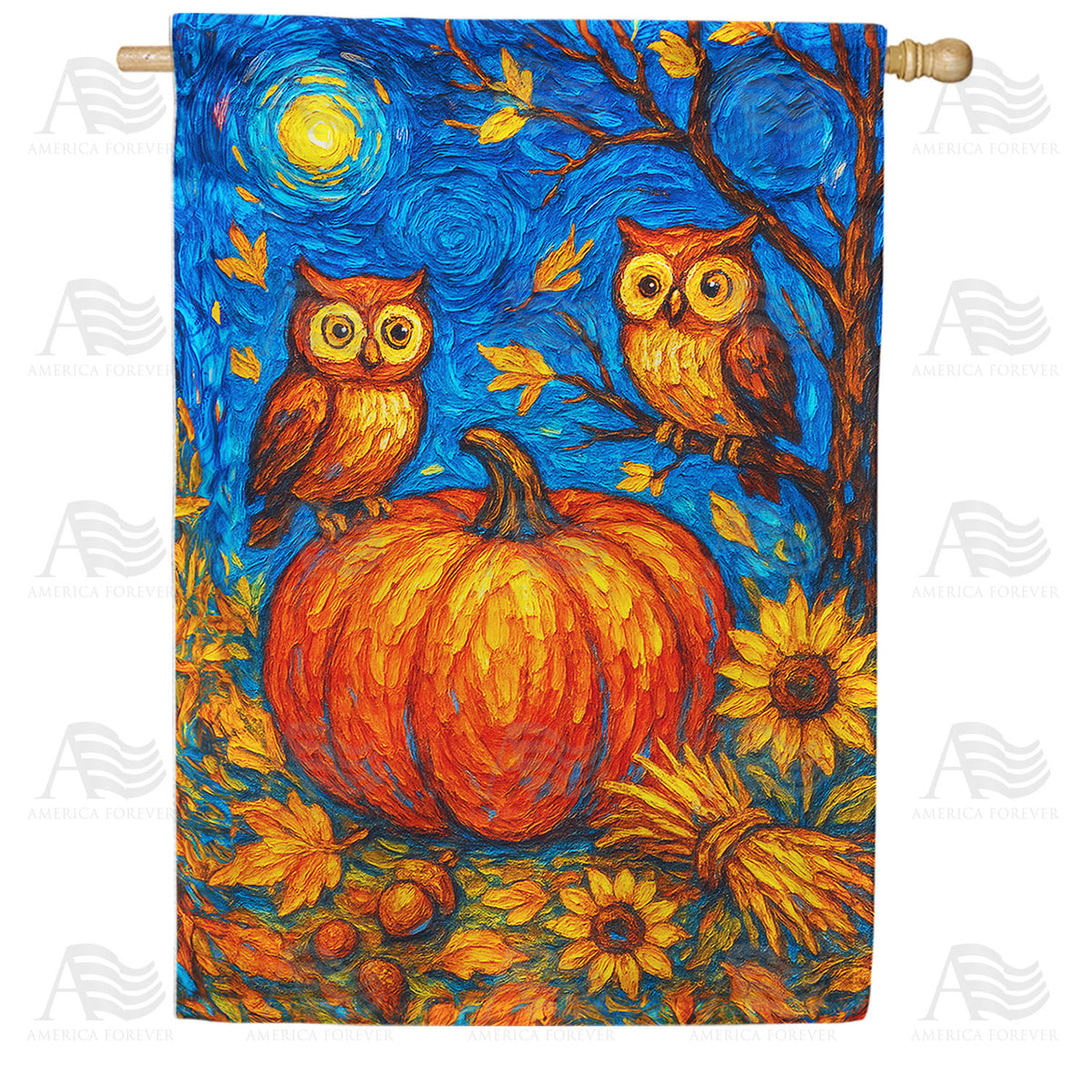 Starry Night Owls Pumpkin Double Sided House Flag