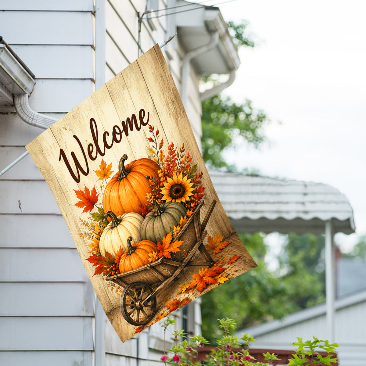 America Forever Welcome Pumpkin Wheelbarrow Fall Harvest House Flag