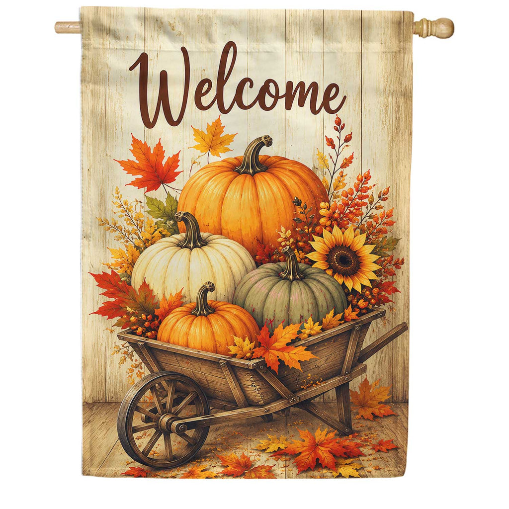 America Forever Welcome Pumpkin Wheelbarrow Fall Harvest House Flag