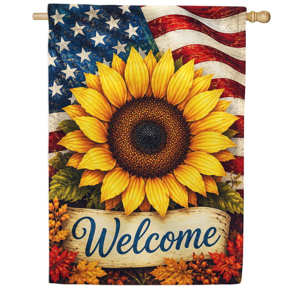 America Forever Patriotic Sunflower Welcome with Fall Leaves House Flag