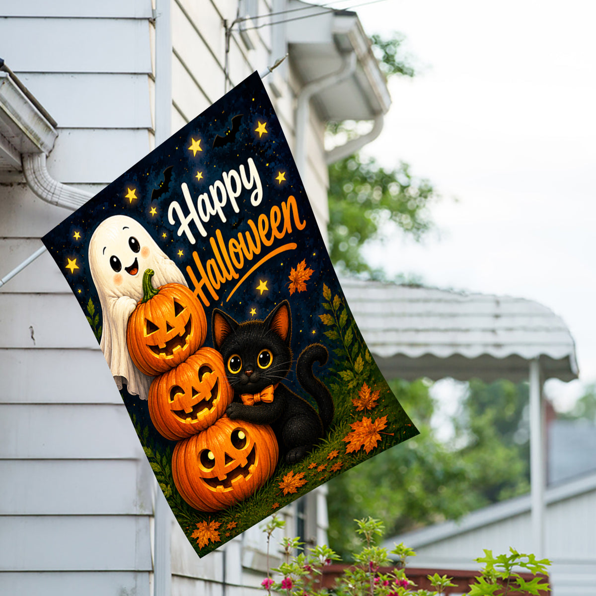 America Forever Happy Halloween Ghost Pumpkins and Black Cat House Flag