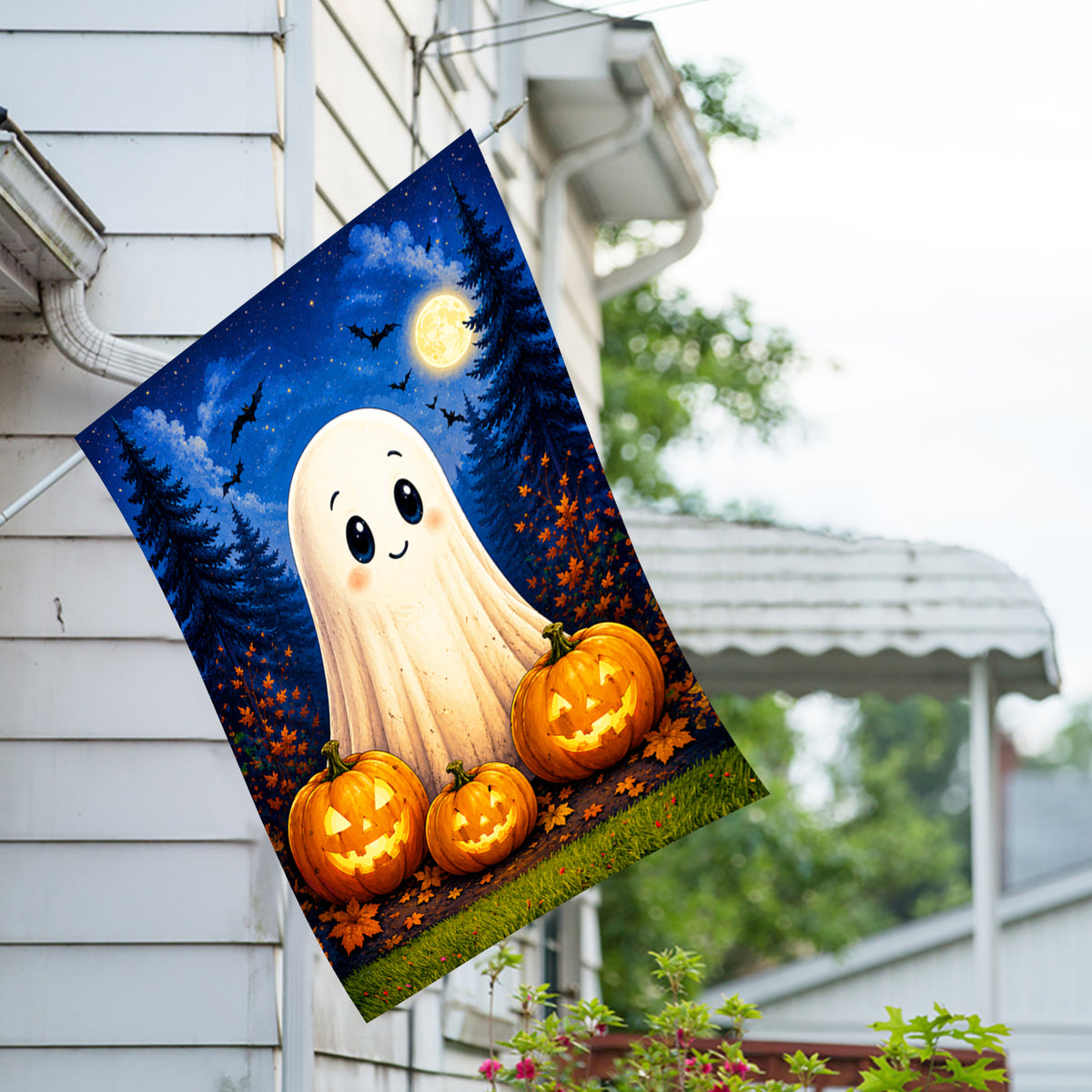 America Forever Cute Ghost with Jack-O-Lanterns House Flag