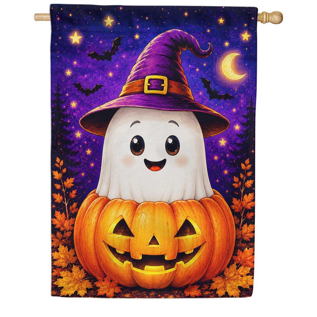 America Forever Cute Ghost in Pumpkin Halloween House Flag