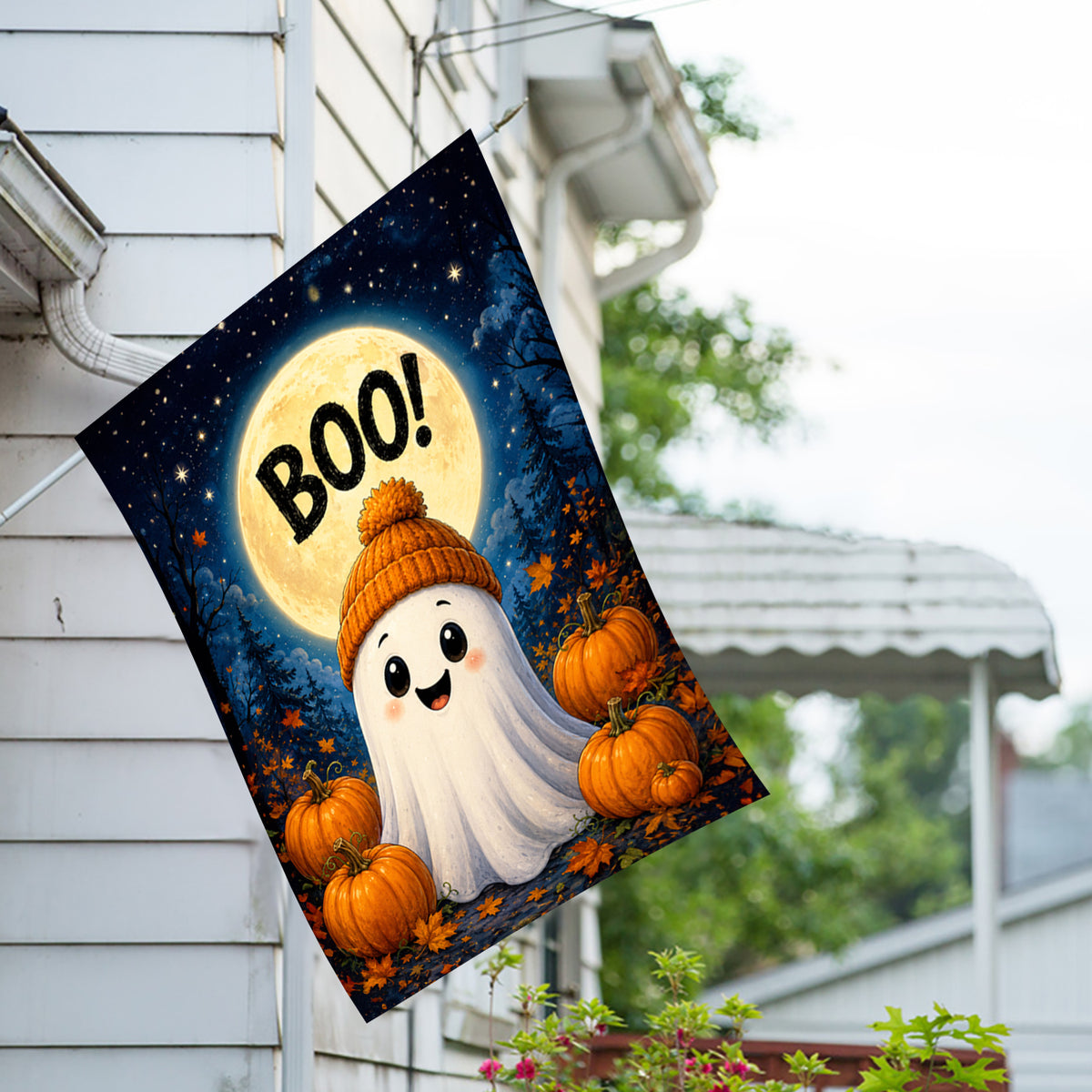America Forever Cute Ghost with Pumpkins Boo Halloween House Flag