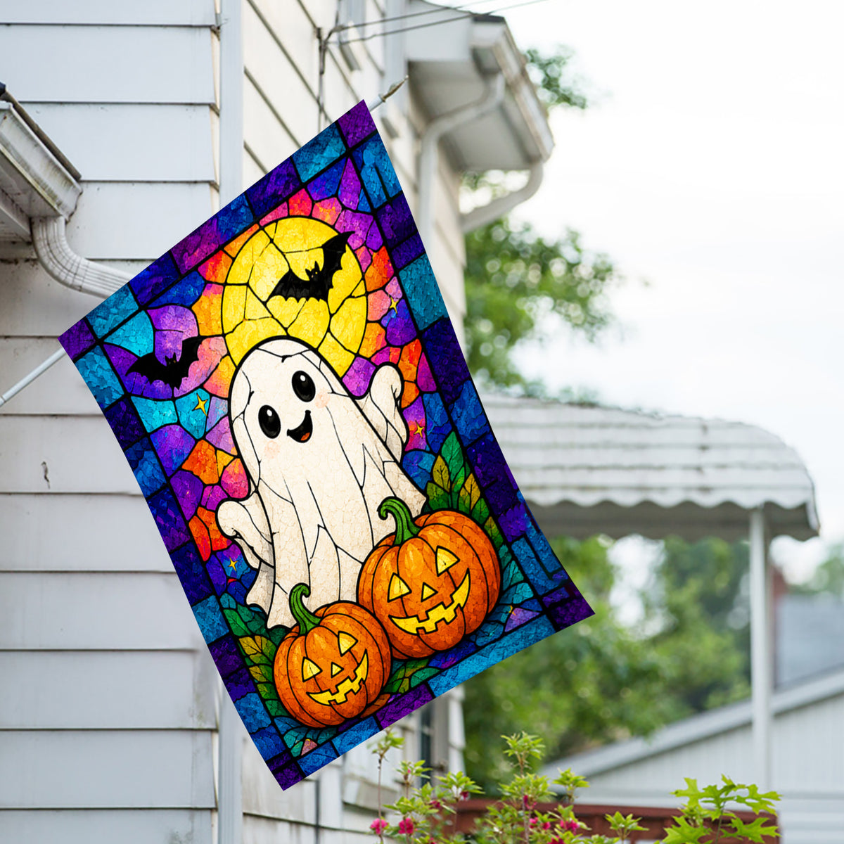 America Forever Stained Glass Halloween Ghost and Pumpkins House Flag