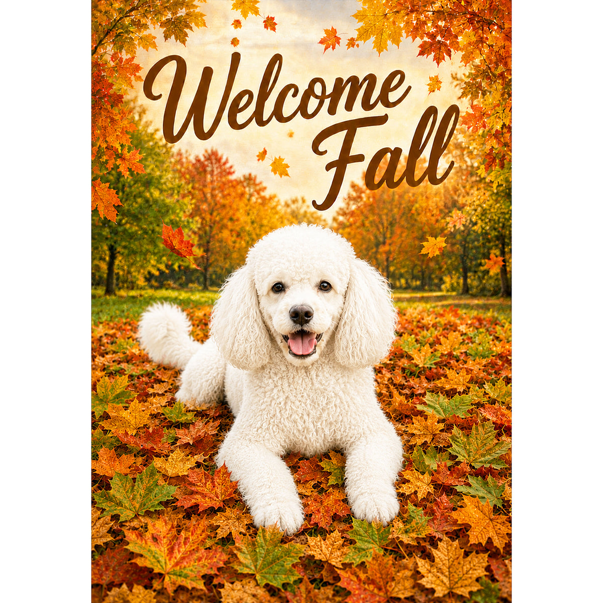 America Forever Welcome Fall White Poodle Autumn Leaves House Flag