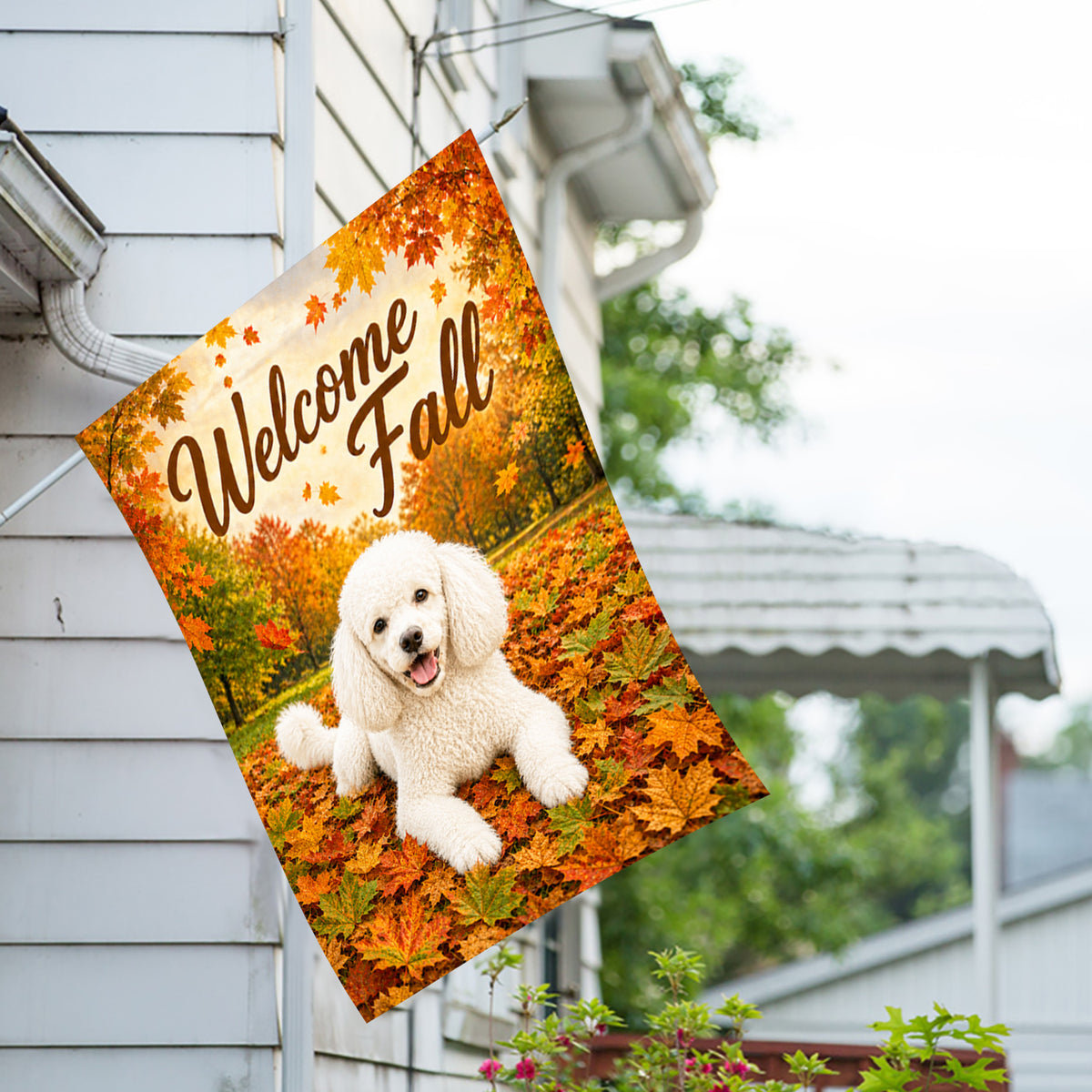 America Forever Welcome Fall White Poodle Autumn Leaves House Flag